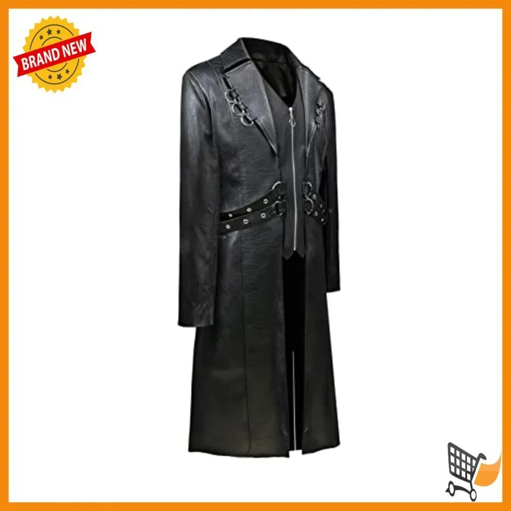 Men's Faux Leather Motorcycle Trench Coat Punk Style Long Jacket